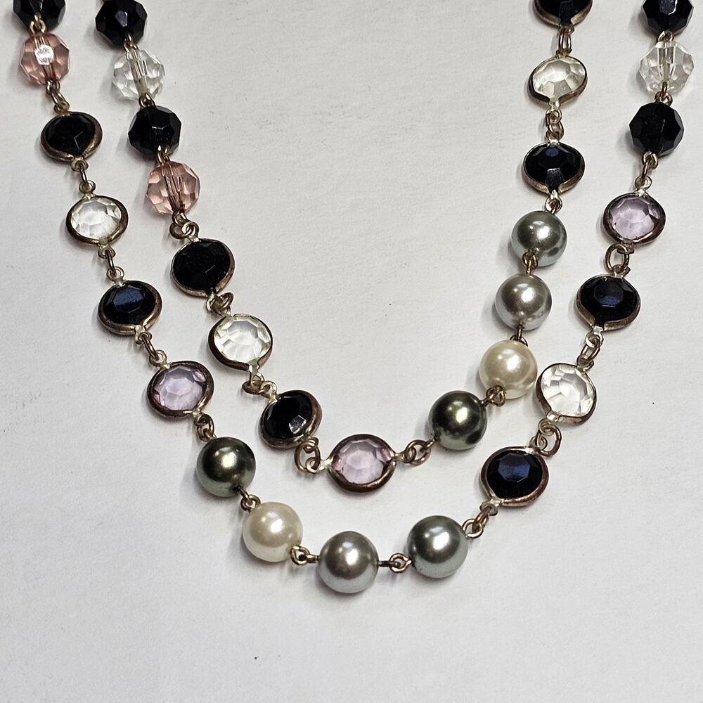 Premier Designs Black White Gray Clear Beads Silvertone Necklace 60"